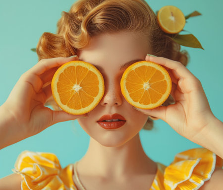 woman holding over two orange slices.の素材