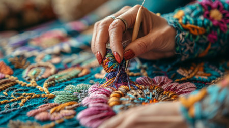 woman embroiders a flower with multi-colored threads.の素材