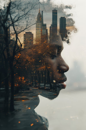 man in double exposure of city, silhouette.の素材