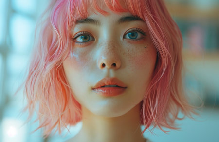 an Asian woman with pink bob.の素材