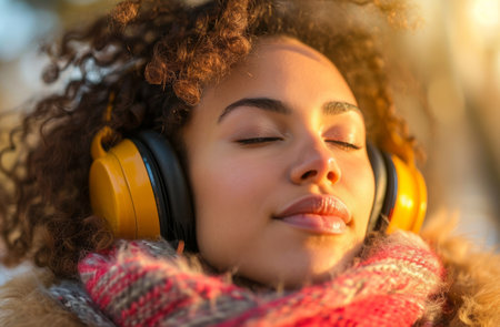 a beautiful woman in a listening to music.の素材