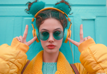 woman wearing headphones and sunglasses making a sign of peace outside.の素材