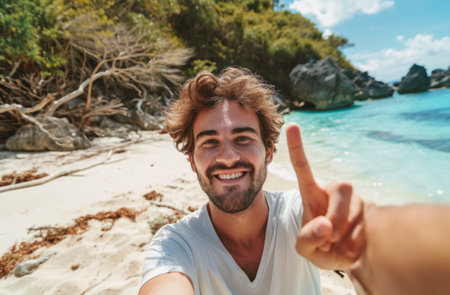 a man is taking a selfie while on a beach and making the peace sign.の素材