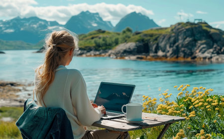 a woman is sitting at a table with a laptop near the sea.の素材