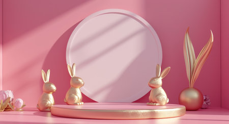 round white frame and golden bunnies on pink background.の素材