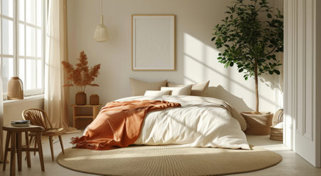 a bed in the bedroom with a soft and warm beige duvet and pillows.の素材
