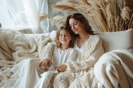 a mother and daughter on the couch.の素材