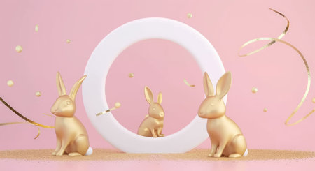 round white frame and golden bunnies on pink background.の素材