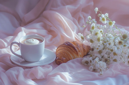 Coffee cup with croissant and chamomile flowers on the bed.の素材