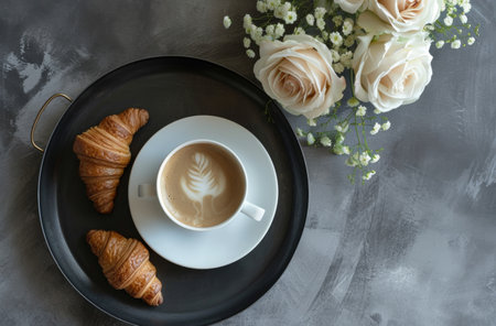 a croissant, a cup of coffee, a coffee filter and flowers on a tray.の素材