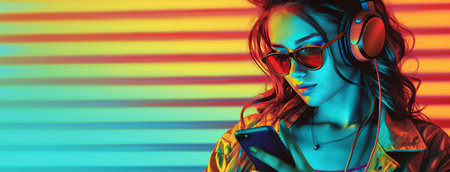 a girl wearing headphones is holding a phone in her hand.の素材