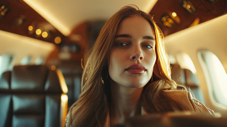 a photo of a women on a private jet.の素材