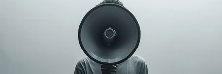 a man talking with a megaphone with his hands in front of it.の素材