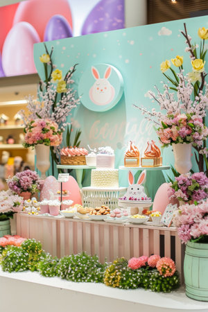 A pastel-themed Easter display, offering a delightful backdrop for festive promotions and celebrations.の素材