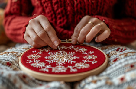 a person with embroidery hoop works on a red piece of shirt.の素材