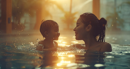 a woman and child sitting in a swimming pool in sunshine happy water baby.の素材