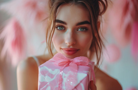 a woman in dress holding a pink present to her face.の素材