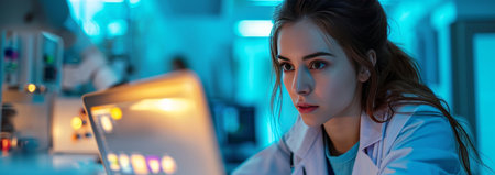 a woman looking at the desktop with a laptop.の素材