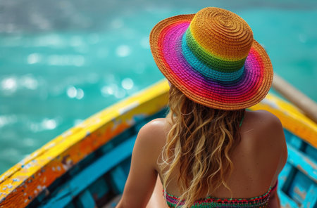 a woman wearing a rainbow hat and sitting on a boat.の素材