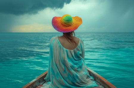 a woman wearing a rainbow hat and sitting on a boat.の素材