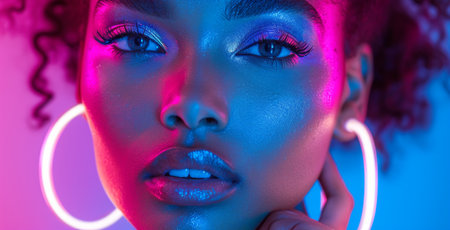 a woman's face with some colorful neon lights and white large hoop earrings.の素材