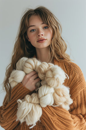 a young woman is holding a bunch of cotton yarn.の素材
