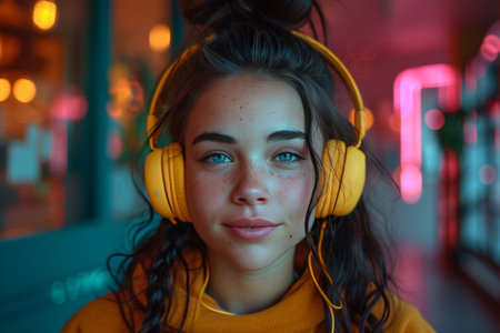 a young woman listening to music with yellow headphones.の素材