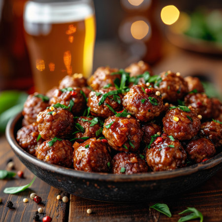 an attractive and tastefull image of meatballs portion and pint of beer together.の素材