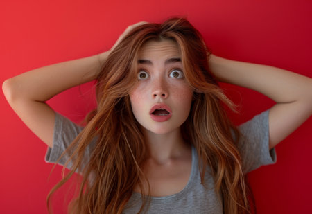 a young woman is surprised by her long hair behind a red background.の素材