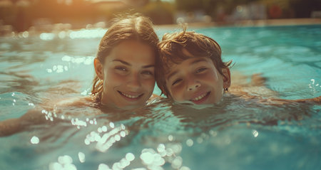a young mother and son relax on the surface of a pool.の素材