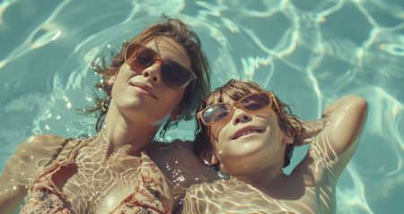 a young mother and son relax on the surface of a pool.の素材