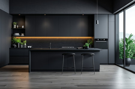 black kitchen with white counter tops.の素材
