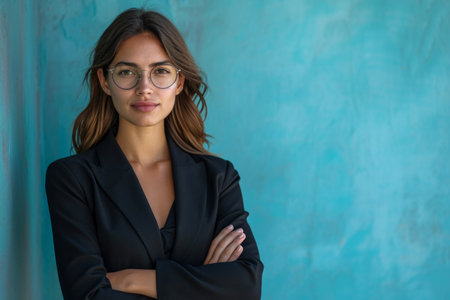 business woman with arms crossed against blue background.の素材