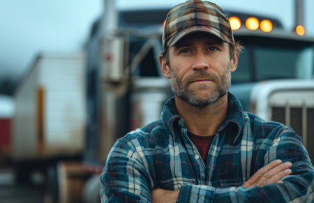 an employee of a tractor trailer in front of a truck with his arms crossed.の素材