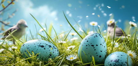 easter eggs in the grass with flowers and birds,.の素材