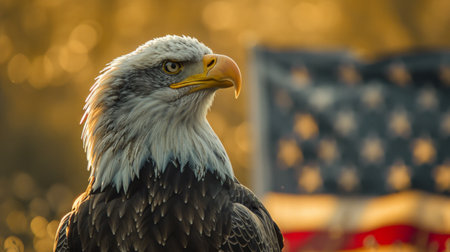 an american bald eagle stands in front of an american flag.の素材