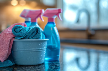 cleaning supplies in a bucket on a countertop.の素材