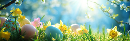 easter eggs and daffodils on a green field with a blue sky.の素材