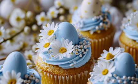 cupcakes decorated with white flowers and blue eggs.の素材