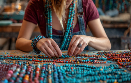 a woman working on a bead necklace with beads and beads.の素材