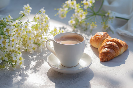 an image of a white tea cup, croissants, flowers and coffee.の素材