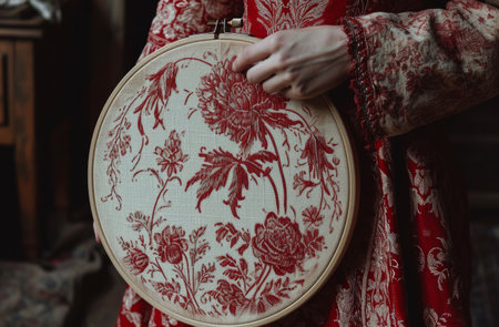 a hand holding a wooden embroidery hoop.の素材