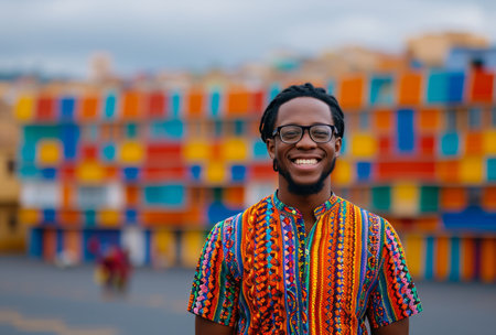 a happy man with glasses in a colorful shirt standing outside.の素材