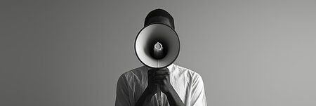 a man talking with a megaphone with his hands in front of it.の素材