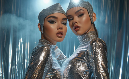 two women in silver outfits posing.の素材