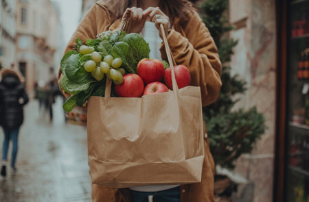 woman with paper grocery bag carrying.の素材