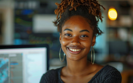 a young black woman using the pc in front of a glass table, smiling.の素材