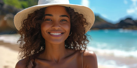 woman smiling on the beach with white hat.の素材