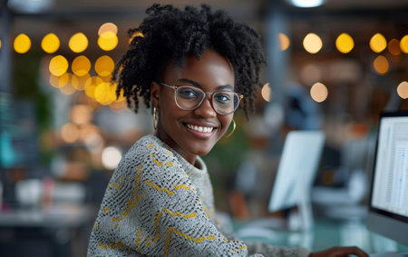a young black woman using the pc in front of a glass table, smiling.の素材