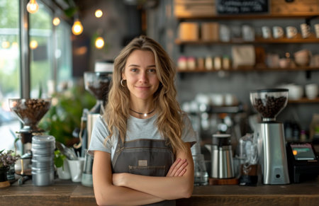 waitress standing in an indoor cafe with device on.の素材